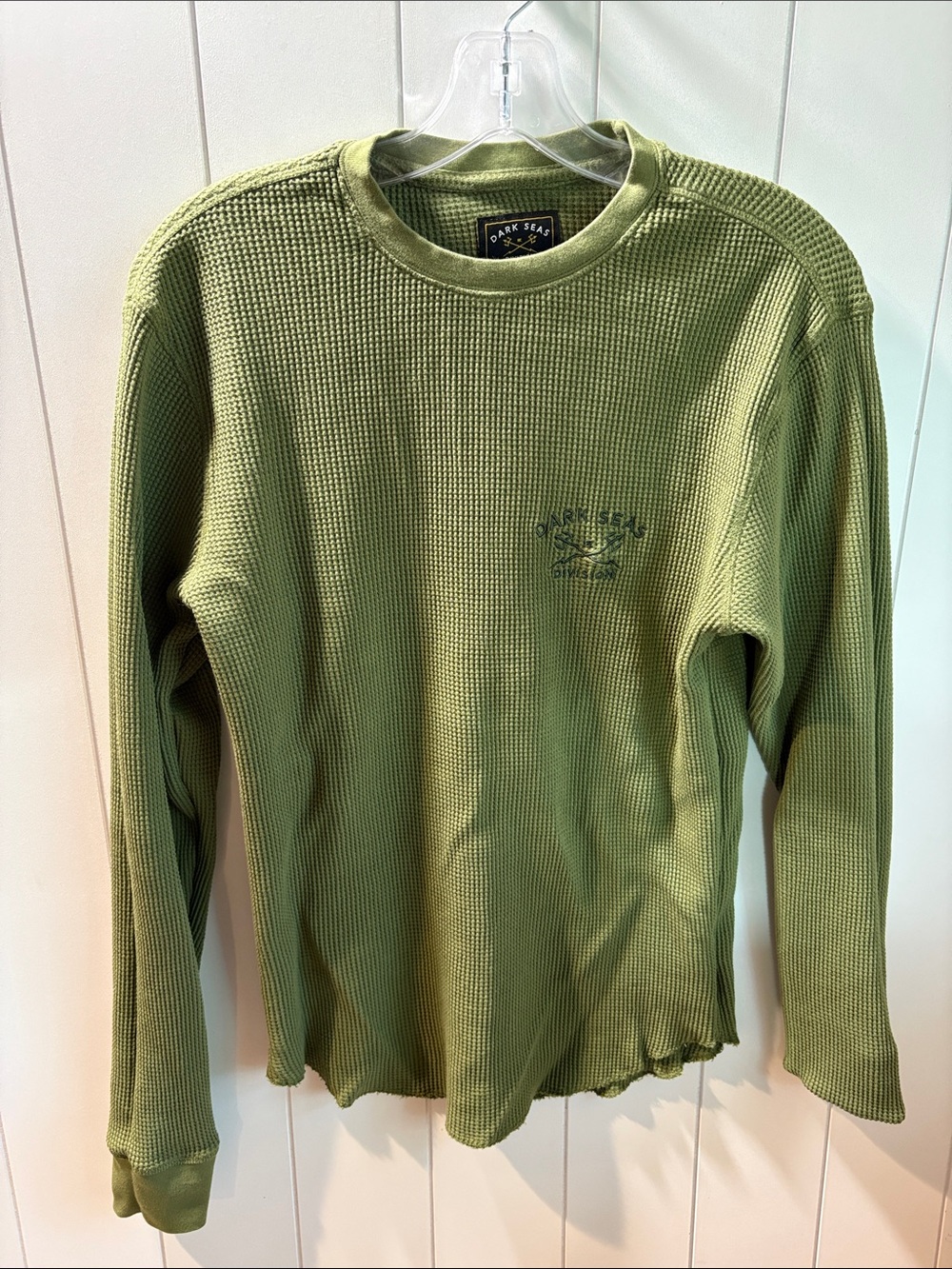 Mens Dark Seas waffle weave cotton long sleeve olive green S